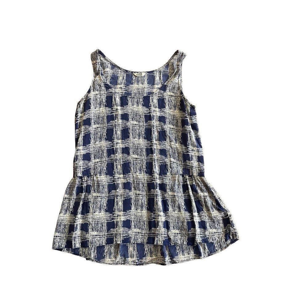 Fossil navy blue & white checkered sleeveless blouse XS 100% silk